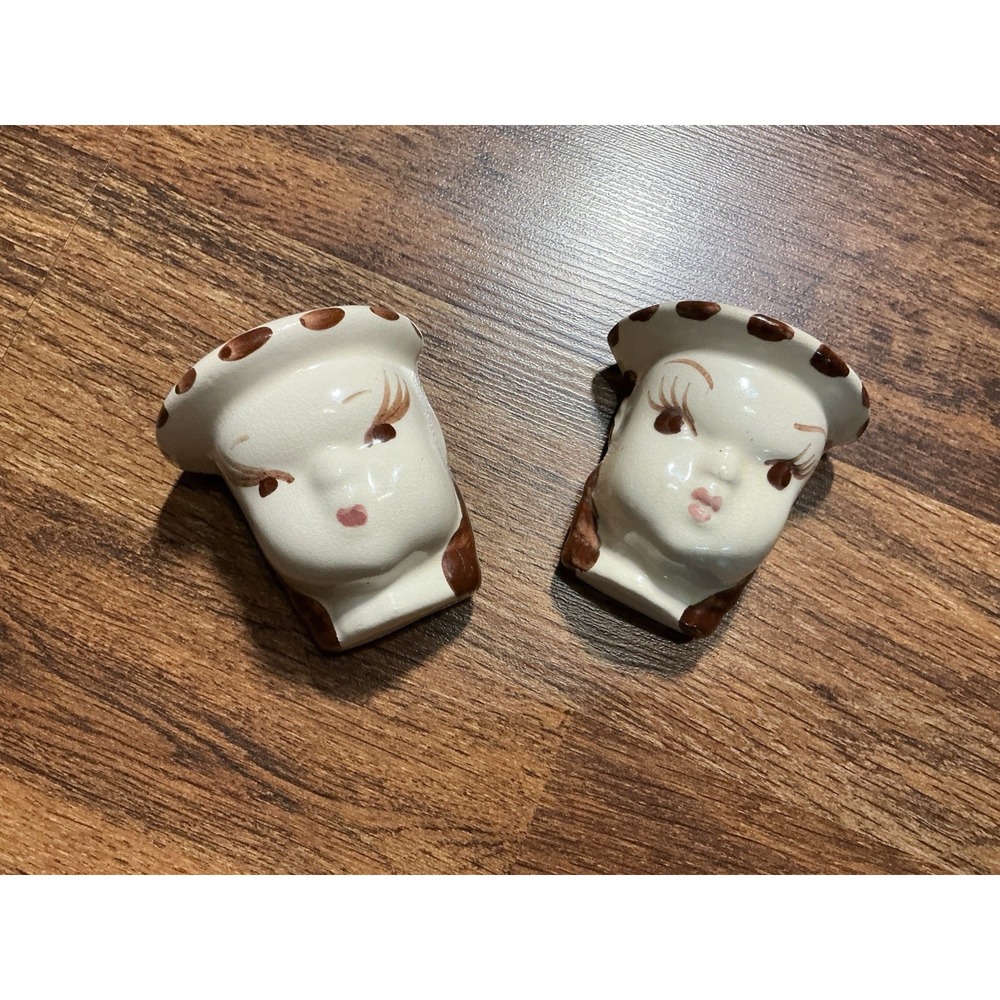 Par Of Vtg MCM Small Ceramic LADY HEADS/FACES Wall Pocket Planters 3"
